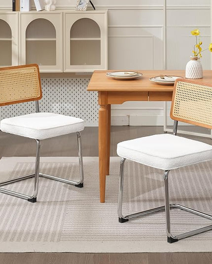 Rattan Dining Chairs Set of 2, Mid Century Modern Sherpa Dining Room Kitchen Chairs with Cane Back, Metal Chrome Legs, Upholstered Wicker Armless Accent Chairs, White - LeafyLoom