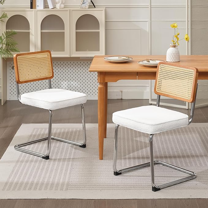 Rattan Dining Chairs Set of 2, Mid Century Modern Sherpa Dining Room Kitchen Chairs with Cane Back, Metal Chrome Legs, Upholstered Wicker Armless Accent Chairs, White - LeafyLoom