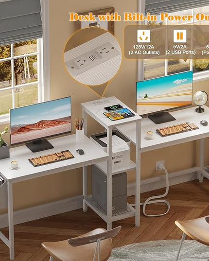 Furologee White 71" Double Gaming Desk, Extra Long 2 Person Computer Desk with Book Shelf and Cloth Bag, Large Office Desk Study Writing Table with Hooks for Home Office (NO Power Outlets) - LeafyLoom