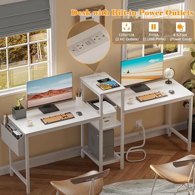 Furologee White 71" Double Gaming Desk, Extra Long 2 Person Computer Desk with Book Shelf and Cloth Bag, Large Office Desk Study Writing Table with Hooks for Home Office (NO Power Outlets) - LeafyLoom