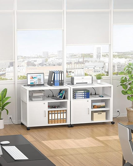 Unikito Rolling File Cabinet Lateral Office Filing Cabinets with Socket and USB Charging Port, Modern Printer Stand on Wheels, Printer Cabinet with Door and Open Storage, Lockable, White - LeafyLoom
