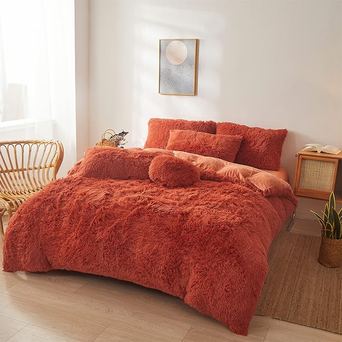 Fluffy Orange Comforter Cover Set Queen - Ultra Soft Plush Burnt Orange Bedding Sets 3 Pieces (1 Faux Fur Duvet Cover + 2 Faux Fur Pillow case) Boho Orange Queen Bed Sets (Dark Orange, Queen) - LeafyLoom