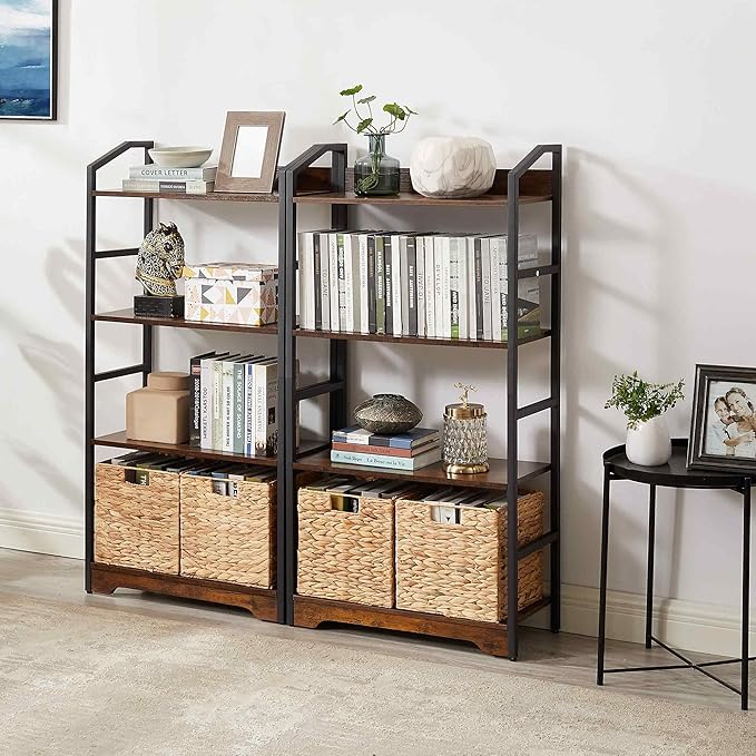 Vagusicc 4 Tier Bookshelf with 2 Storage Baskets, Tall Bookcase Shelf Storage Organizer Wood Book Shelf, Modern Shelf Rack Shelves with Steel Frame, Multipurpose Bookshelf for Bedroom Living Room - LeafyLoom