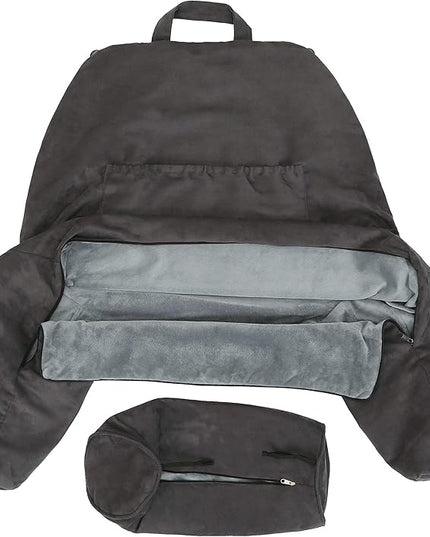 Husband Pillow XXL Aspen Edition, Adult Reading Sit Up Bed Rest Pillow for Bed with Arms & Neck Roll on Bungee Cord - Premium Memory Foam - Reversible 2 Sided Cover Micro Suede or Plush, Iron Grey - LeafyLoom