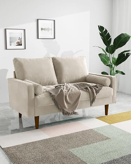 Velvet Furniture for Small Spaces, Mid-Century Modern Loveseats for Living Room, Love Seat Couch Sofas, 58 Inches, Beige - LeafyLoom