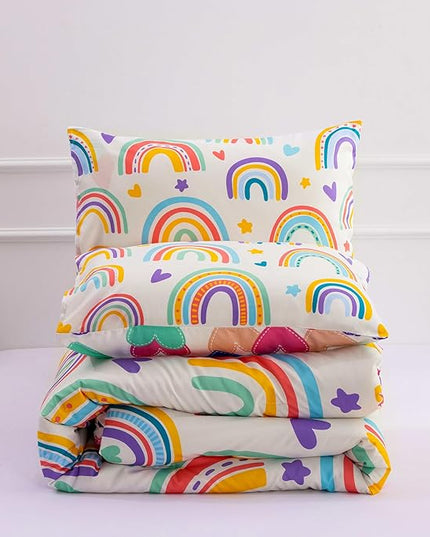 Btargot 3 Piece Kids Rainbow Comforter Set with 2 Pillow Covers, Cartoon Love Hearts Suns and Stars Bedding Set for Girls Boys Kids, Full Beige - LeafyLoom