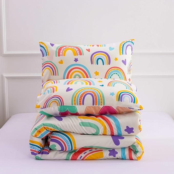 Btargot 3 Piece Kids Rainbow Comforter Set with 2 Pillow Covers, Cartoon Love Hearts Suns and Stars Bedding Set for Girls Boys Kids, Full Beige - LeafyLoom