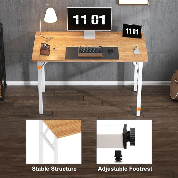Need 39.4 inches Computer Desk for Small Space Small Folding Table Small Writing Desk Compact Desk Foldable Desk with BIFMA Certification, No Install Needed, Teak and White - LeafyLoom