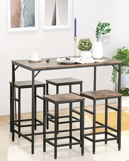 NicBex Dining Table Set for 4 Kitchen & Dining Room Tables 5-Piece Industrial Dining Table Set, Bar Table & 4 Stools Set, Space Saving for Pub & Kitchen, Living Room, Rustic Brown - LeafyLoom