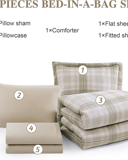 Beige Twin Comforter Set, Khaki Green Plaid Twin XL Comforter Set for Boys & Girls,Classic Homestead-style Twin Bed Set with Sheets and Comforter Set - LeafyLoom