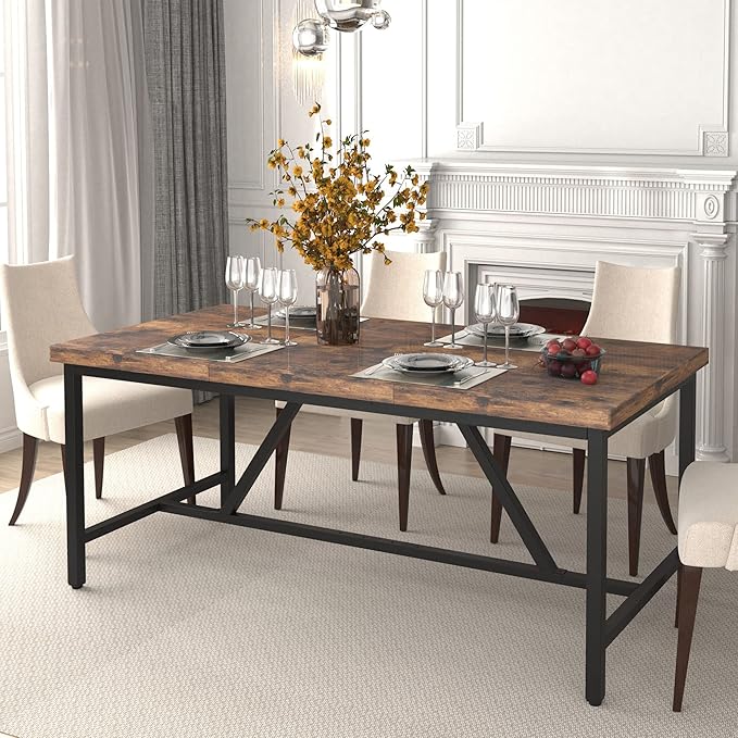 YITAHOME 70.8" Large Kitchen Dining Room Table for 6-8 People, Rustic Brown Farmhouse Industrial Wood Style Rectangle Apartment Dinning Room Dinette Tables for Eating Dinner - LeafyLoom