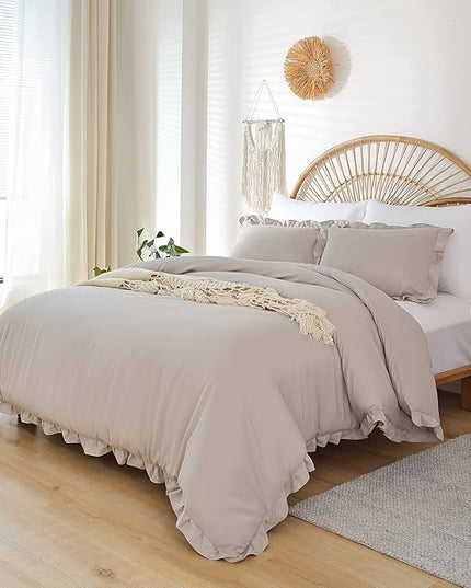 JANZAA King Size Ruffled Comforter Set Soft Vintage Farmhouse Bed Set Shabby Fluffy 3PCS Bedding (1 Oatmeal Comforter Set and 2 Pillowcases) - LeafyLoom