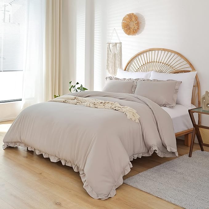 JANZAA King Size Ruffled Comforter Set Soft Vintage Farmhouse Bed Set Shabby Fluffy 3PCS Bedding (1 Oatmeal Comforter Set and 2 Pillowcases) - LeafyLoom