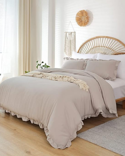 JANZAA Oatmeal Twin Ruffled Soft Twin Size Bed Set Vintage Farmhouse Bed Comforter Set Shabby Fluffy Bedding (1 Comforter Set and 1 Pillowcase) - LeafyLoom