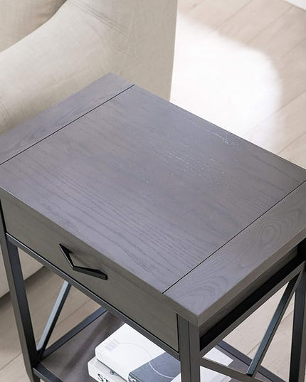 Leick Home 23022 Chisel & Forge One Drawer Nightstand with Shelf, Gray/Matte Black - LeafyLoom