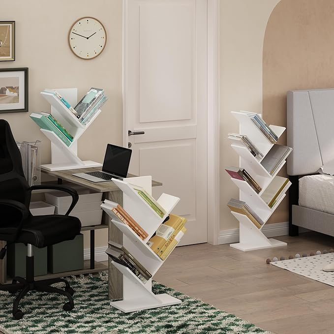 Furinno Tree Bookshelf 3-Tier Floor Standing Tree Bookcase, White - LeafyLoom