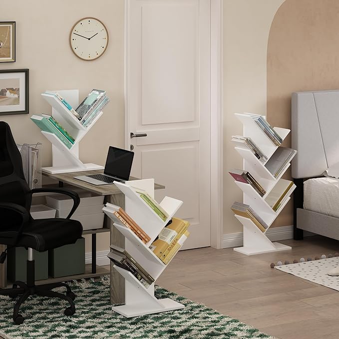 Furinno Tree Bookshelf 7-Tier Floor Standing Tree Bookcase, White - LeafyLoom
