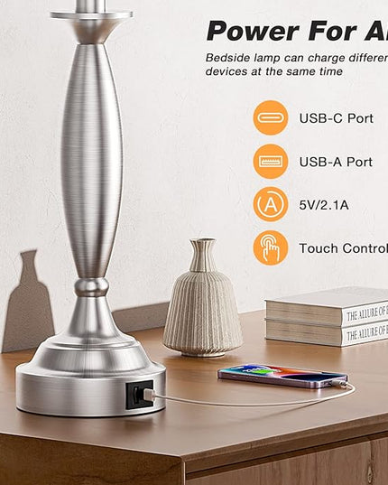 Bedrooms Touch Control Bedside Lamp with USB C+A, 3 Way Dimmable Nightstand Lamps with USB Port, Brushed Nickel Table Lamp for Living Room Guest Room Bed Side End Table, Set of 2 - LeafyLoom