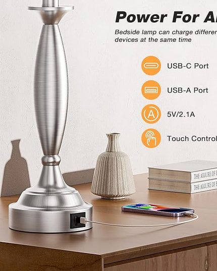 Beige Lamps for Bedrooms Set of 2 - Touch Control Bedside Lamp with USB C+A, 3 Way Dimmable Nightstand Lamps with USB Port, Table Lamp for Living Room(Beige Shade and Nickel Base) - LeafyLoom