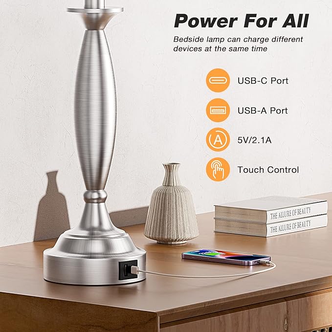 Beige Lamps for Bedrooms Set of 2 - Touch Control Bedside Lamp with USB C+A, 3 Way Dimmable Nightstand Lamps with USB Port, Table Lamp for Living Room(Beige Shade and Nickel Base) - LeafyLoom