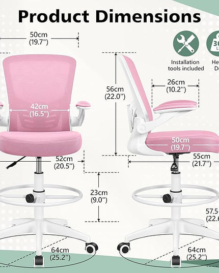 MINLOVE Ergonomic Drafting Office Chair, Tall Office Chair with Flip-up Armrests Executive Ergonomic Computer Standing Desk Chair with Lumbar Support and Adjustable Footrest(Pink) - LeafyLoom