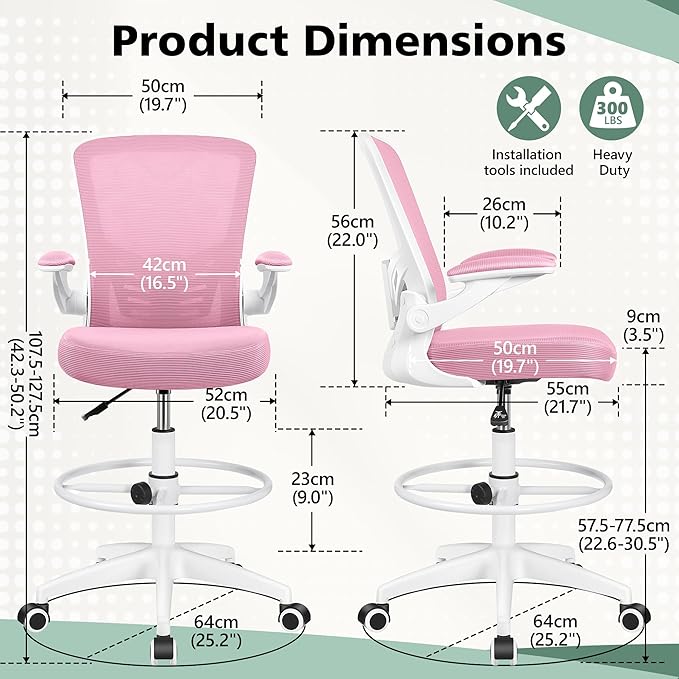 MINLOVE Ergonomic Drafting Office Chair, Tall Office Chair with Flip-up Armrests Executive Ergonomic Computer Standing Desk Chair with Lumbar Support and Adjustable Footrest(Pink) - LeafyLoom