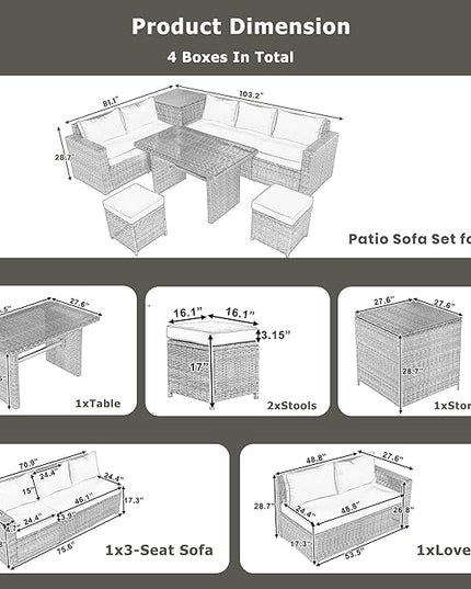 Outdoor Furniture 6-Piece Patio Sofa Set, All Weather PE Rattan Sectional Couch with Tempered Glass Dining Table, Adjustable Seat, Storage Box&Removable Covers, for Garden Backyard, 1, Beige - LeafyLoom