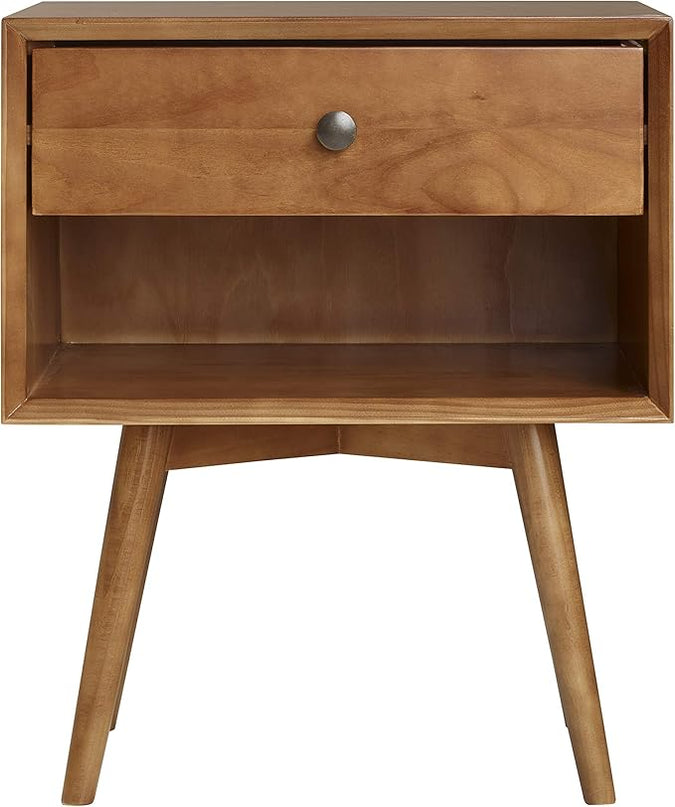 Walker Edison Mid Century Modern Wood Nightstand Side Table Bedroom Storage Drawer and Shelf Bedside End Table, 1 Drawer, Caramel - LeafyLoom