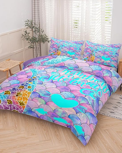 NINENINE Blue and Purple Mermaid Tail Comforter Sets for Girls,Full Size Rainbow Princess Bedding,Girly Glitter Comforter Sets,Sparkly Fish Scales Bedding Sets with 1 Comforter 2Pillowcases - LeafyLoom