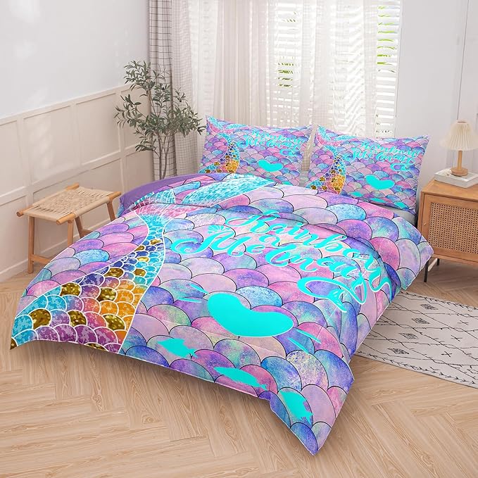 NINENINE Rainbow Mermaid Bedding Twin Princess Comforter Sets for Teens Girls,Blue and Purple Glitter Bedding Sets,Sparkly Fish Scales Comforter Sets with 1 Comforter 1Pillowcase - LeafyLoom