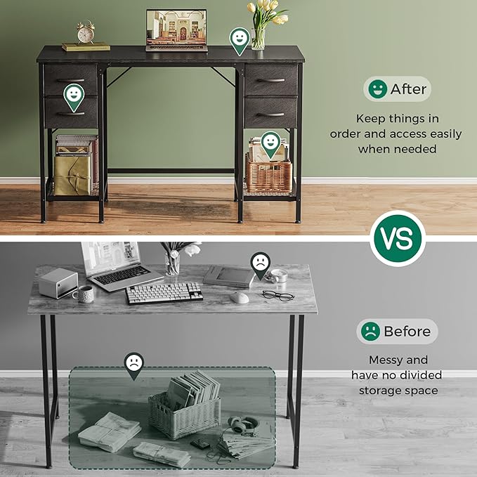 47 Inch Computer Desk with 4 Drawers, Office Desk with Mesh Shelf, Gaming Desk, Large Storage, Writing Desk Work Desk for Home Office, Study, Bedroom, Work from Home, Black - LeafyLoom