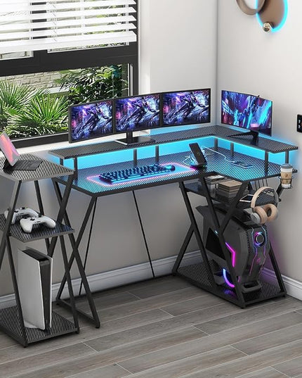 47 Inch L Shaped Gaming Desk L Desk Gaming Desk with Led Lights Computer Desk with Power Outlets Gaming Table Corner Desk for Bedroom Small Desk for Home Office,Black - LeafyLoom