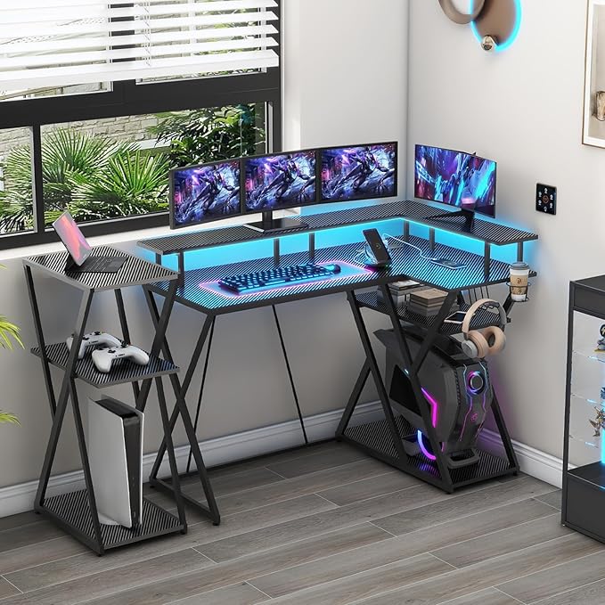 47 Inch L Shaped Gaming Desk L Desk Gaming Desk with Led Lights Computer Desk with Power Outlets Gaming Table Corner Desk for Bedroom Small Desk for Home Office,Black - LeafyLoom