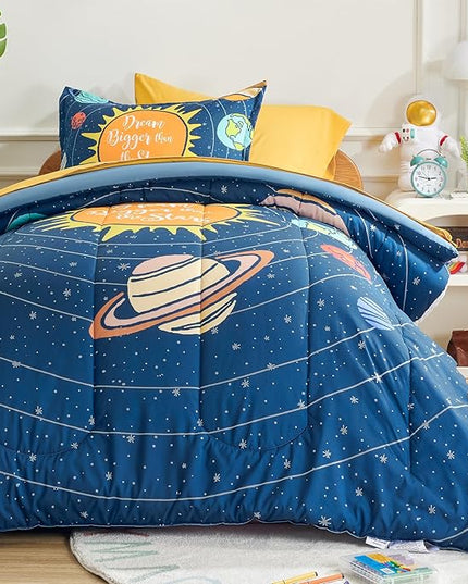 SLEEP ZONE Kids 7-Piece Soft Lightweight Bed in a Bag for Boys, Include Comforter, Flat Sheet, Fitted Sheet, Pillow sham, Pillowcase, Down Alternative Comforter Set(Solar System, Full/Queen) - LeafyLoom