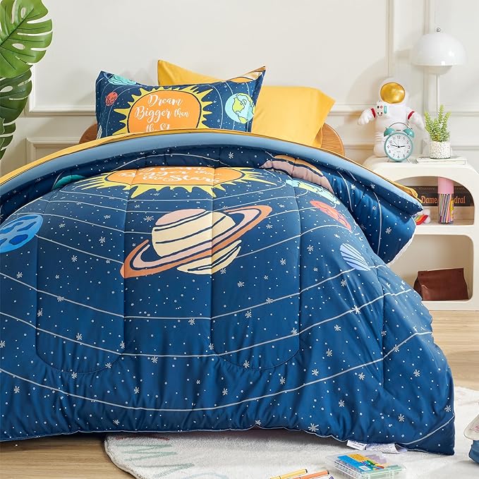 SLEEP ZONE Kids 7-Piece Soft Lightweight Bed in a Bag for Boys, Include Comforter, Flat Sheet, Fitted Sheet, Pillow sham, Pillowcase, Down Alternative Comforter Set(Solar System, Full/Queen) - LeafyLoom