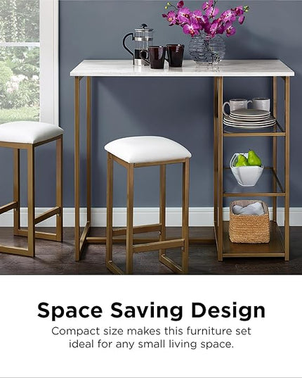 Dorel Living Tanner 3-Piece Brass Pub Set with Faux Marble Top, White - LeafyLoom