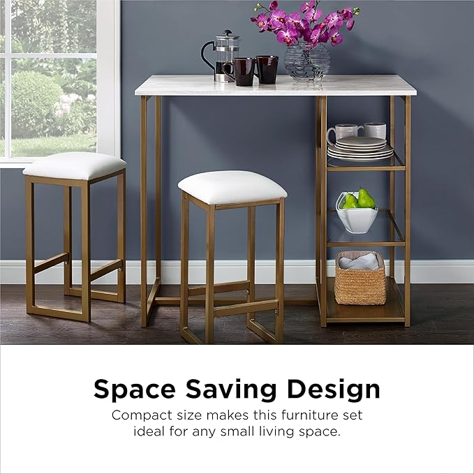 Dorel Living Tanner 3-Piece Brass Pub Set with Faux Marble Top, White - LeafyLoom