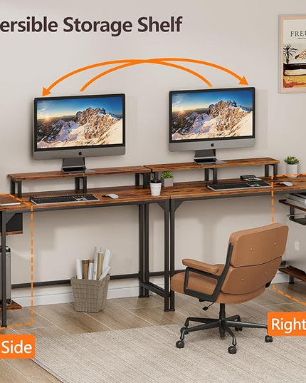 Furologee Computer Desk with Shelves and Fabric Drawer, 47" Home Office Gaming Desk with Monitor Stand, Reversible Study Writing Desk with Hooks, Rustic Brown - LeafyLoom