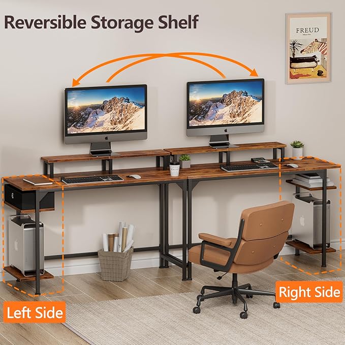 Furologee Computer Desk with Shelves and Fabric Drawer, 47" Home Office Gaming Desk with Monitor Stand, Reversible Study Writing Desk with Hooks, Rustic Brown - LeafyLoom