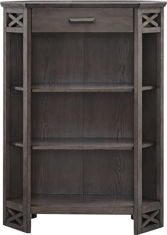 Leick Home 84263 Mantel Height 3-Shelf Corner Bookcase with Drawer Storage, Gray Oak - LeafyLoom