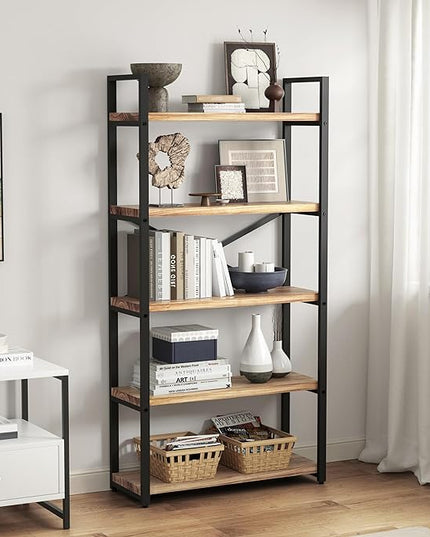 5 Tier Bookshelf Rustic Industrial Style, Storage Shelves, Metal Book Shelves Bookcase Book Shelf Display Shelf for Home Office, Living Room, Bedroom, Kitchen (31.5" W, Brown) - LeafyLoom