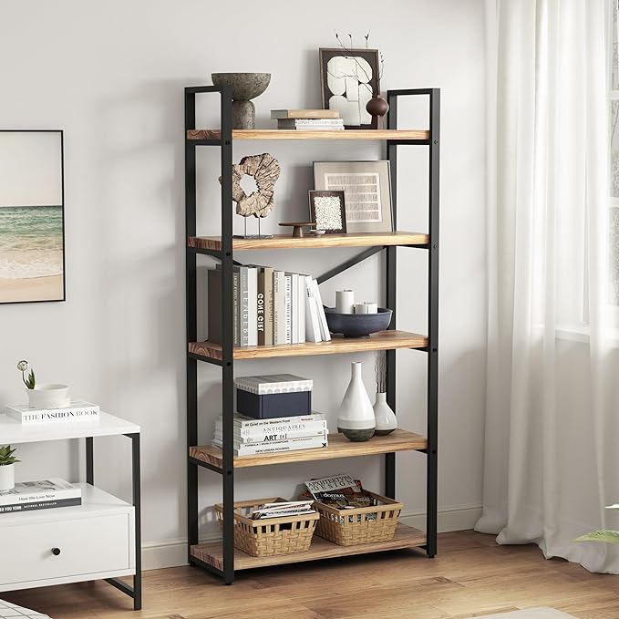 5 Tier Bookshelf Rustic Industrial Style, Storage Shelves, Metal Book Shelves Bookcase Book Shelf Display Shelf for Home Office, Living Room, Bedroom, Kitchen (31.5" W, Brown) - LeafyLoom