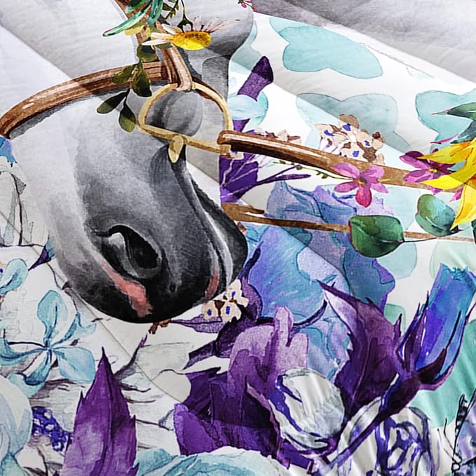Kid Sunflower Horse Comforter Set 3Pcs Rose Butterfly Retro Horse Bedding Set for Boys Girls Adult, 1 Comforter + 2 Pillowcases - LeafyLoom