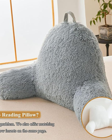 XeGe Faux Fur Reading Pillow Cover (No Filler), Fluffy Back Rest Pillow Case for Bed Sitting Up, Adults Kids Gaming Shaggy Sit Up Back Support Pillow Cover with Arms Couch Chair Office, Light Grey - LeafyLoom