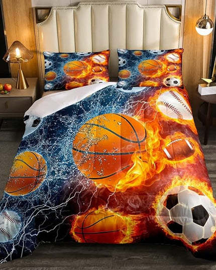 Erosebridal Sports Bedding Set for Boys King,Baseball Basketball Comforter Set Soccer Football Bedding Comforter Sets for Kids Teens Men,Red Blue Ice Fire Lightning Decor Quilt Duvet Set 3 Pcs - LeafyLoom