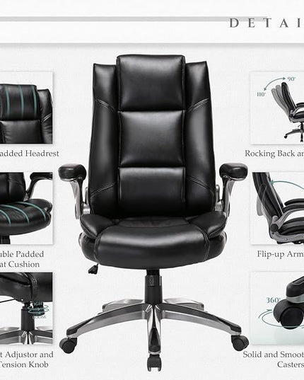 COLAMY Leather Executive Office Chair- High Back Home Computer Desk Chair with Padded Flip-up Arms, Adjustable Tilt Lock, Swivel Rolling Ergonomic Chair for Adult Working Study, Black - LeafyLoom