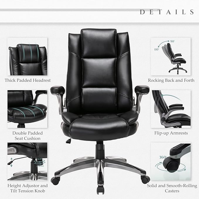 COLAMY Leather Executive Office Chair- High Back Home Computer Desk Chair with Padded Flip-up Arms, Adjustable Tilt Lock, Swivel Rolling Ergonomic Chair for Adult Working Study, Black - LeafyLoom