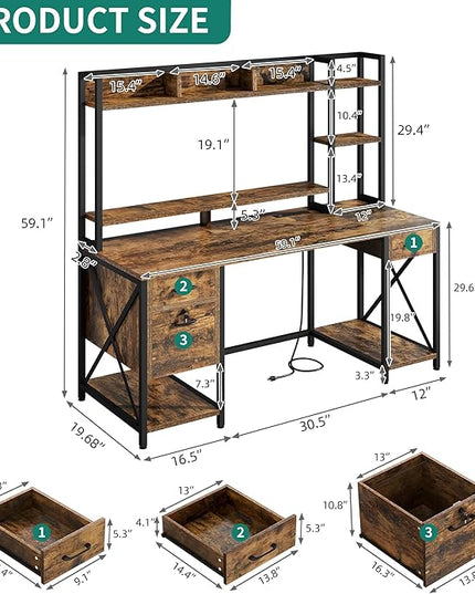 YITAHOME Computer Desk with Drawers & Hutch, 59.1" Office Desk with LED Lights & Power Outlets, Gaming Desk with Monitor Stand & Storage Shelves, Rustic Brown - LeafyLoom