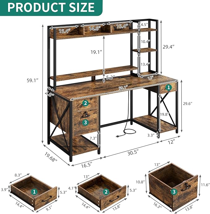YITAHOME Computer Desk with Drawers & Hutch, 59.1" Office Desk with LED Lights & Power Outlets, Gaming Desk with Monitor Stand & Storage Shelves, Rustic Brown - LeafyLoom