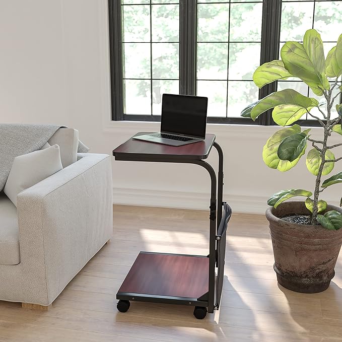Flash Furniture Charger Mobile Sit-Down, Stand-Up Mahogany Computer Ergonomic Desk with Removable Pouch (Adjustable Range 27'' - 46.5'') - LeafyLoom